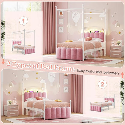 Homkdom Canopy Bed Frame Twin with Storage Drawers and LED Lights & Charging Station,Princess Velvet Upholstered Headboard,Heavy Duty 880lb,Easy Assembly,Pink