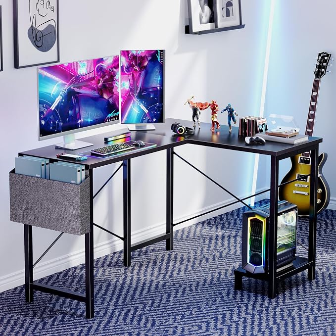 Sweetcrispy L Shaped Desk - Computer Gaming Desk Corner Desk | PC Table Organizer with CPU Stand Side Bag for Home Office Dorm Sturdy, Writing Workstation, Black, 50-Inch