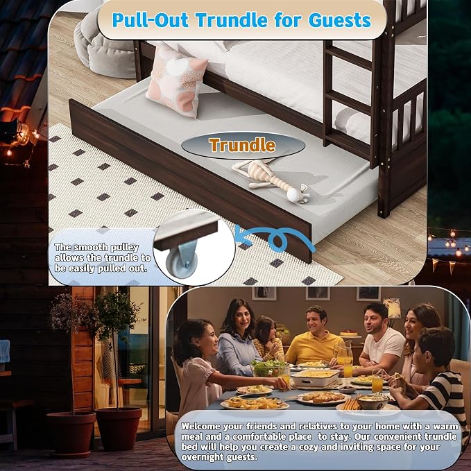 Harper & Bright Designs Convertible Wood Full-Over-Full Bunk Bed with Trundle and Ladder - Can Be Divided Into Two Platform Beds, Espresso