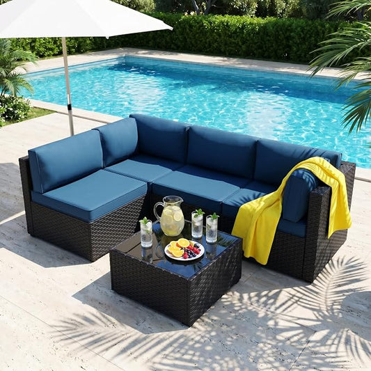 SUNLEI 5 Piece Patio Furniture Sets, Low Back All-Weather Rattan Sectional Sofa with Tea Table&Washable Couch Cushions, Patio Furniture Sets, Black Rattan (Aegean Blue)