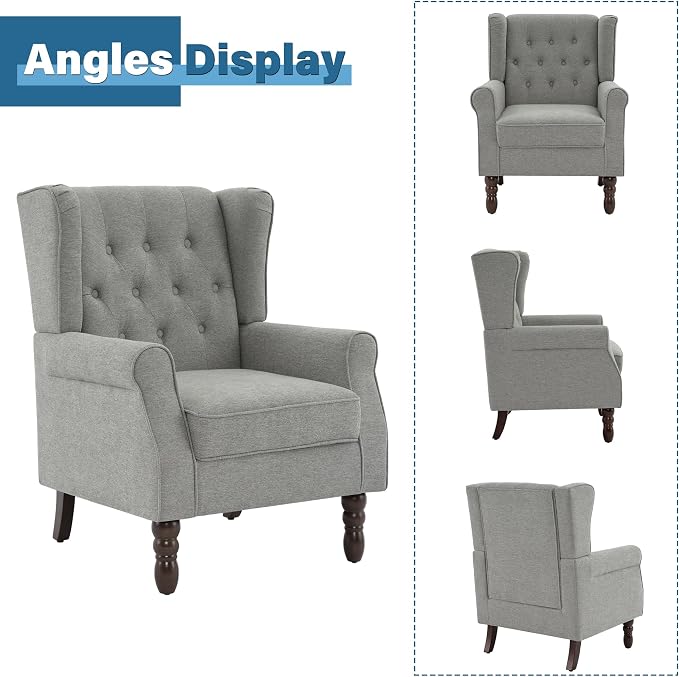 High Back Accent Chair, High Wingback Chair for Living Room, Button-Tufted Upholstered Fabric Armchair with Solid Wood Legs, Comfy Single Sofa Reading Chair for Bedroom, Light Gray