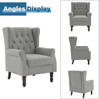 High Back Accent Chair, High Wingback Chair for Living Room, Button-Tufted Upholstered Fabric Armchair with Solid Wood Legs, Comfy Single Sofa Reading Chair for Bedroom, Light Gray