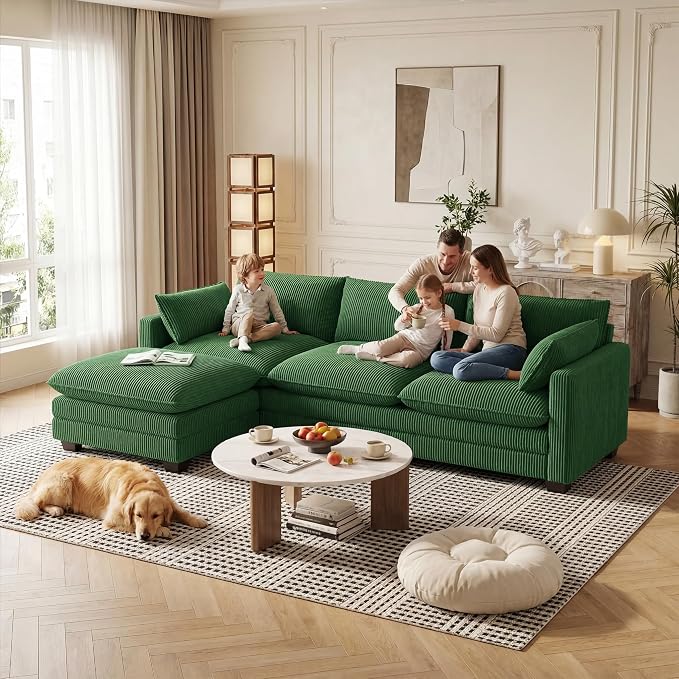 Gizoon 110'' Oversized L Shaped Couch for Living Room, Cloud Couches with Washable Corduroy Cover, Modern 4-Seater Comfy Deep-Seat Sofa with Movable Ottoman and 2 Throw Pillows for Apartment, Green