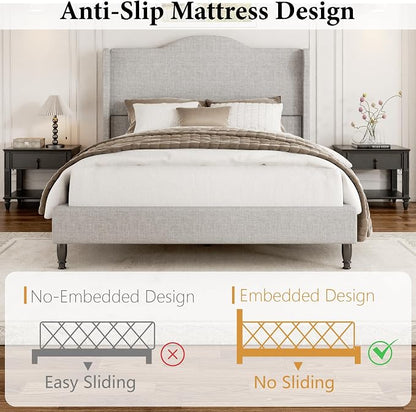 Full Bed Frame with Headboard, Upholstered Platform Bed with Tall Wingback Headboard, Sturdy Wood Slats Support, Easy Assembly, No Box Spring Needed, Modern Style for Bedroom, Beige