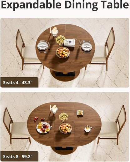 43"-59" Extendable Round Dining Table for 4-8, Oval Kitchen Table with Hidden Storage, Modern Farmhouse Wooden Dining Room Table for Kitchen Living Room, Walnut
