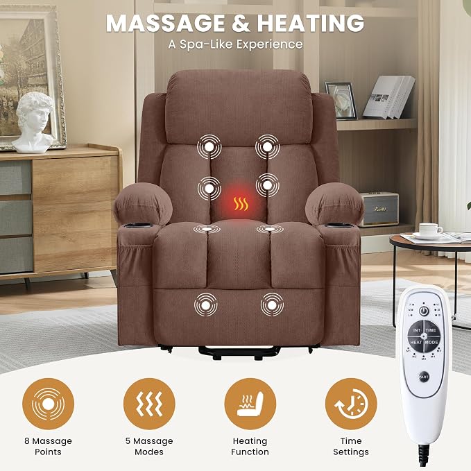 MAHOMICO Power Lift Recliner Chair for Elderly with Vibration Massage and Lumbar Heating Electric Oversized Single Sofa with Cup Holder and USB Charge Port for Living Room