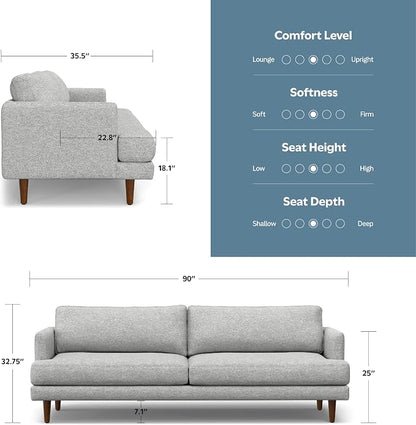 SIMPLIHOME Livingston 90-inch Wide Sofa in Mist Grey Woven-Blend Fabric, Handcrafted Mid-Century Modern Oversized 3-Seater Couch Sofa for Living Room or Family Room, Solid Wood Frame