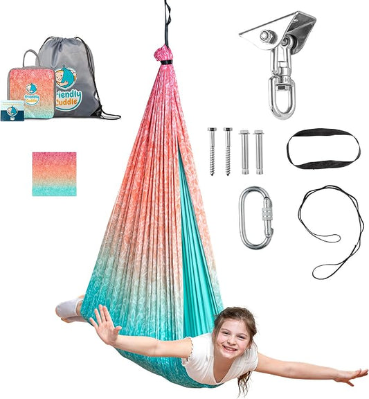 Indoor Sensory Swing for Kids or Outdoor – Holds 300lbs, Double-Layer, & 360° Swivel, Calming Compression Therapy Swing Hammock for Kids & Adults with All Hardware – Sensory-Motor Toys & Gifts