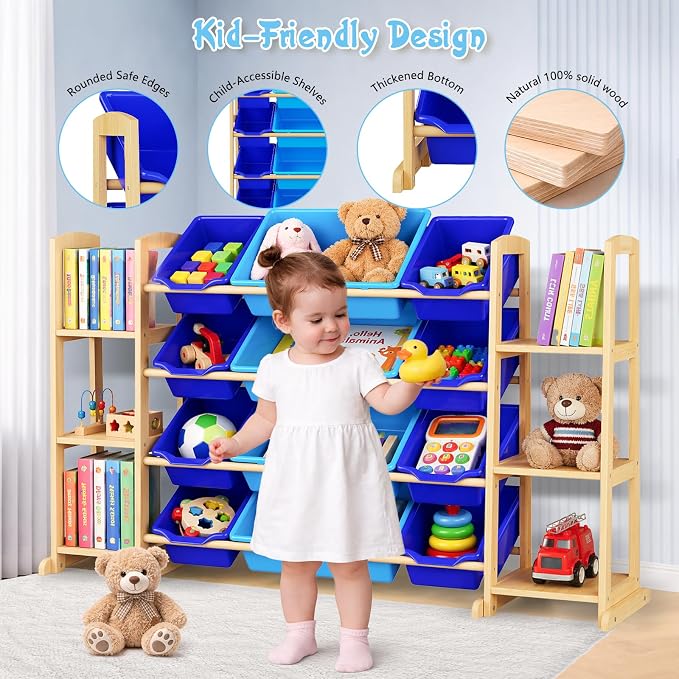 Kids Toy Storage Organizer with Bookshelf – Wooden Shelf with 12 Bins & 6 Shelves, Quick Assembly Storage Rack for Playroom, Bedroom, Nursery– Blue