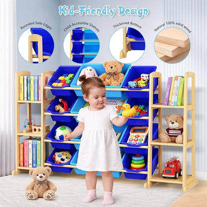 Kids Toy Storage Organizer with Bookshelf – Wooden Shelf with 12 Bins & 6 Shelves, Quick Assembly Storage Rack for Playroom, Bedroom, Nursery– Blue