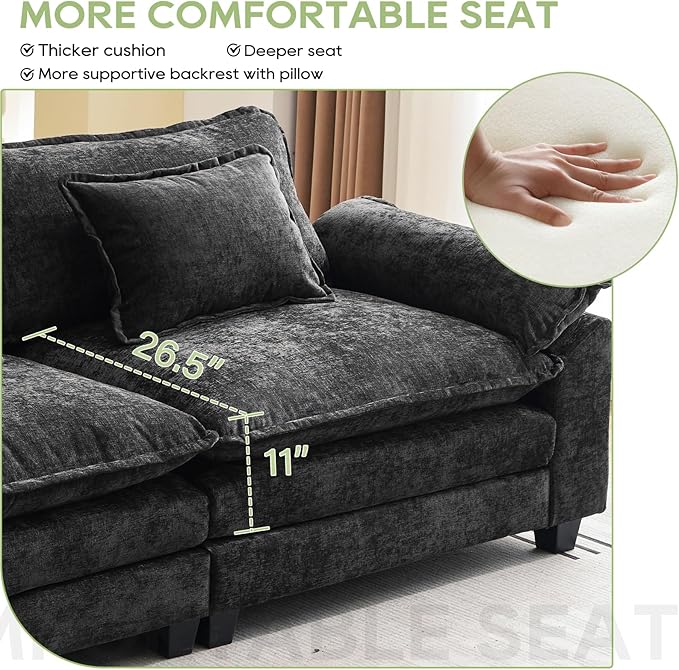 Oprisen 86" Modular Sectional Sofa, Comfy Cloud Couch Sectional Sofa with Ottoman, Chenille Sofa Sleeper Deep Seat Sofa with Throw Pillows for Living Room (Black, 86"- Loveseat)