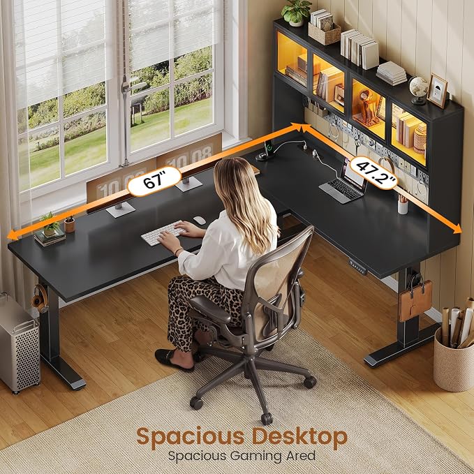 SEDETA 67" Standing L Shaped Gaming Desk, Office Computer Desk with Storage Hutch, Stand Up Corner Desk with Pegboard & Led Lights for Home Office, Black