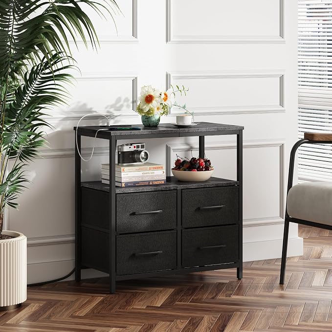 TUTOTAK Large Night Stand with Charging Station, Nightstand with USB and Type-C Port, Bedside Table with Cloth Drawers, End Table for Livingroom, Bedroom, Charcoal Grey TB01BY081