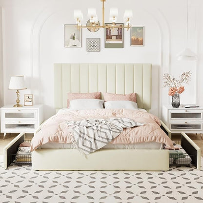 Allewie Queen Size Storage Bed Frame, Vertical Channel Tufted Adjustable Headboard, Velvet Upholstered Platform Bed with 4 Oversized Underbed Drawers, Wooden Slats Support, No Box Spring Needed, Cream