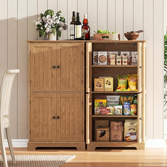 ChooChoo Bathroom Floor Cabinet, Modern Bathroom Storage Cabinet with 4 Doors and Adjustable Shelves, Freestanding Cupboard for Living Room, Natural
