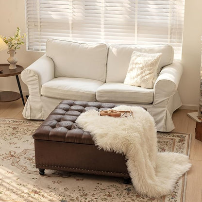 Redlife 35 Inch Large Square Storage Ottoman, Storage Ottoman Coffee Table with Lift Top Faux Leather Ottomans Bench Square Footrest Oversized Upholstered Coffee Table for Living Room (Dark Brown)