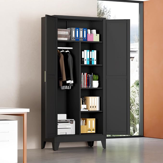 Metal Wardrobe Closet with Doors, 71" H Armoire Wardrobe Closet with 3 Adjustable Shelves and Hanging Rod, Steel Clothing Storage Cabinet for Bedroom, Home, Employee, Gym, Office, Black