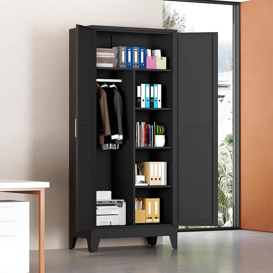 71" Steel Combination Wardrobe Closet, Metal Storage Wardrobe Cabinet with 2 Doors, Hanging Rod & Shelves, Black Metal Armoire Wardrobes Clothing Coat Cabinet for Bedroom, Office, School