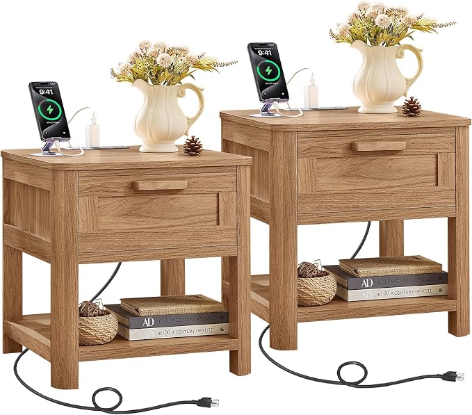 Joaxswe Farmhouse Night Stand Set of 2 with Charging Station, Wood Bed Side Tables Bedroom Set of 2 with Drawer & Open Storage Shelf, Brown