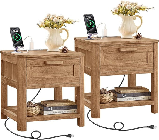Joaxswe Farmhouse Night Stand Set of 2 with Charging Station, Wood Bed Side Tables Bedroom Set of 2 with Drawer & Open Storage Shelf, Brown