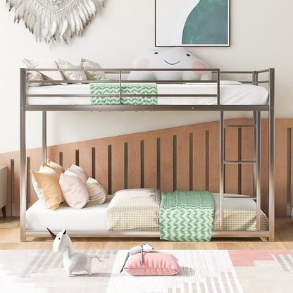 Low Metal Bunk Bed Frame for Kids, with Built-in Ladder, High Guardrail and Metal Slats, Floor Bed Bottom Bunk, No Boxspring Required, for Small Spaces, Twin-Over-Twin (Silver)