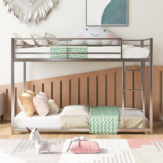 Low Metal Bunk Bed Frame for Kids, with Built-in Ladder, High Guardrail and Metal Slats, Floor Bed Bottom Bunk, No Boxspring Required, for Small Spaces, Twin-Over-Twin (Silver)