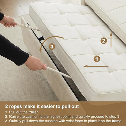 Tbfit 57" Convertible Sofa Bed, Chenille Futon Sleeper Sofa Couch with Pullout Bed, USB & Adjustable Backrest, Full Size Pull Out Loveseat Couches for Living Room, Apartment, Office, Dorm, Beige