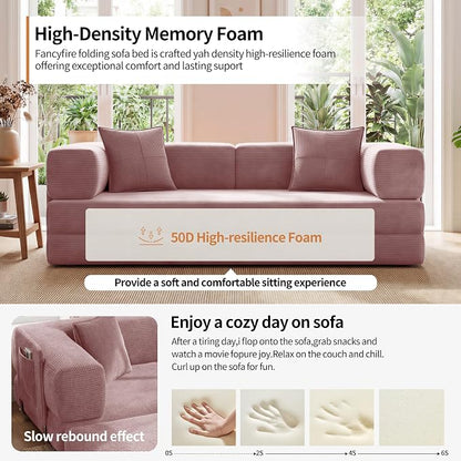 78.8" Convertible Sofa Bed with Armrest Pillow, 4-in-1 Sleeper Couch Bed for Livingroom, Modular Corduroy Boneless couches, No Assembly (Pink)