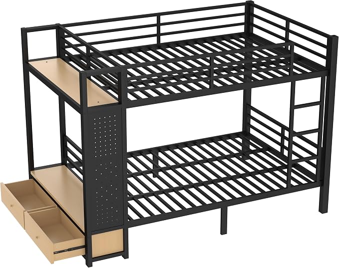 Bellemave Bunk Bed Full Over Full,Metal Bunk Bed with Shelf and Guardrails,Full Bunk beds with Storage Drawers and Clothes Hooks for Kids, Teens & Adults（Black）