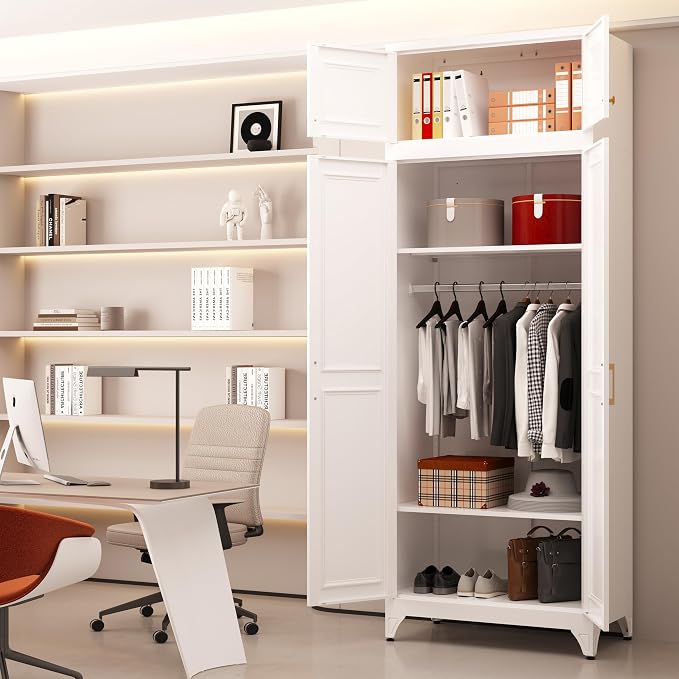 Armoire Wardrobe Closet with Hanging Rod, 86.6"Tall Metal Clothes Storage Cabinet with Doors and Adjustable Shelves, White Wardrobe Cabinet, Steel Closet for Bedroom, Bathroom, Office, School