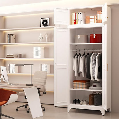 Armoire Wardrobe Closet with Hanging Rod, 86.6"Tall Metal Clothes Storage Cabinet with Doors and Adjustable Shelves, White Wardrobe Cabinet, Steel Closet for Bedroom, Bathroom, Office, School