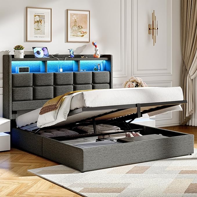 Driftalia Lift Up Full Size Bed Frame with Storage, Upholstered Full Bed Frame with LED Lights Headboard and Charging Station, No Box Spring Needed, Easy Assembly - Dark Grey