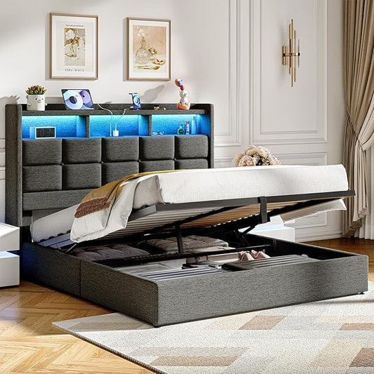Driftalia Lift Up Full Size Bed Frame with Storage, Upholstered Full Bed Frame with LED Lights Headboard and Charging Station, No Box Spring Needed, Easy Assembly - Dark Grey
