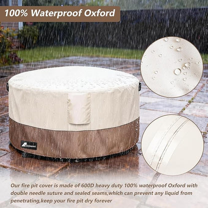 Fire Pit Cover Round 44Inch Waterproof,Outdoor Heavy Duty Durable 600D Tear-Resistant Fire Pit Table Cover,Patio Round Firepit Cover 44" D x 24" H, Beige