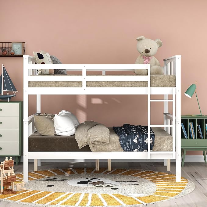 Merax Full Over Full Bunk Bed Convertible to Two Separate Beds, Solid Pine Wood Frame with Safety Guardrail & Headboard/Footboard, Sturdy Durable Design, for Teens, No Box Spring Needed, White