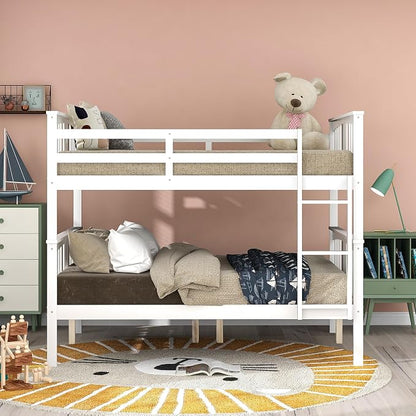 Merax Full Over Full Bunk Bed Convertible to Two Separate Beds, Solid Pine Wood Frame with Safety Guardrail & Headboard/Footboard, Sturdy Durable Design, for Teens, No Box Spring Needed, White