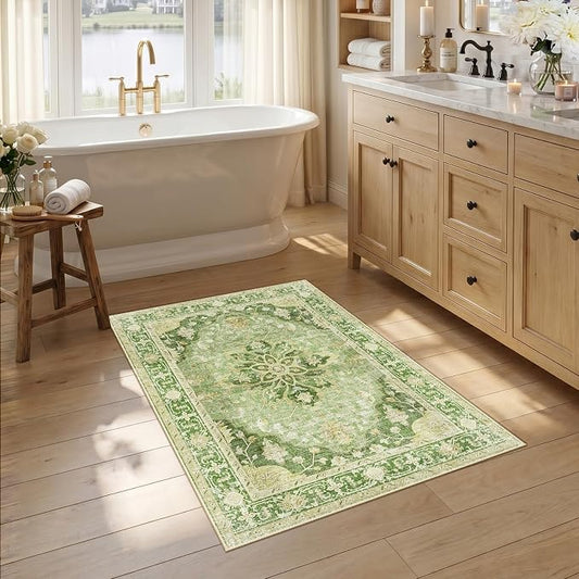 RELEANY Area Rugs Small 2'6"x4' Washable Non-Slip, Floral Vintage Distress Medallion Carpet for Kitchen Entryway Bathroom, Sage Green Yellow
