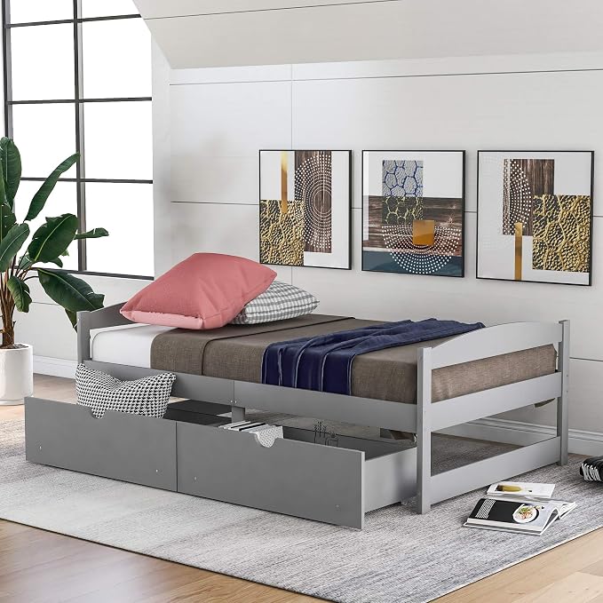 Merax Classic Solid Wood Day Bed with Storage Drawers Platform Bed for Living Room Beedroom Twin Grey