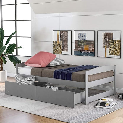 Merax Classic Solid Wood Day Bed with Storage Drawers Platform Bed for Living Room Beedroom Twin Grey