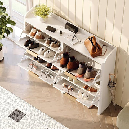 VINGLI 43.5" Large White Shoe Cabinet with 4 Flip Drawers, Slim Fluted Shoe Storage Cabinet with Unique Arched Side Panels, Modern Entryway Organizer with Gold Handles, Wide Shoe Rack for Hallway