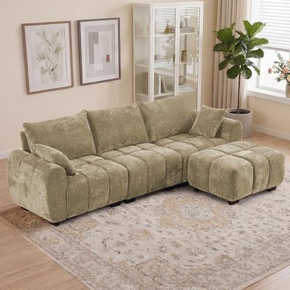 112" L Shaped Modular Sectional Sofa, Brown Chenille Cloud Couch, Modern Upholstered 4 Seater Couch with Removable Ottoman, Tufted Deep Seat & Wood Legs, Sectional Couches for Living Room Apartment