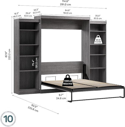 Bestar Pur Queen Murphy Bed and 2 Shelving Units, 115-inch Space-Saving Sleeping Arrangement with Storage in Bark Grey