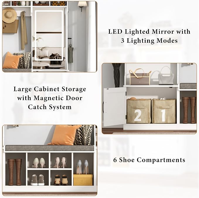 86.6''W Extra Large Farmhouse Hall Tree with Mirror Bench and Shoe Storage,Entryway Bench with Coat Rack,6 Shoe Cubbies & Umbrella Holder and Storage Cushioned Stool,Mudroom/Hallway Storages Cabinet