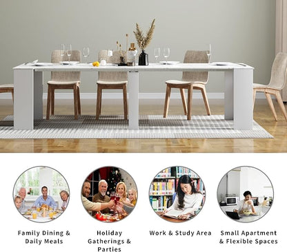Transformer Dining Table for 12, 118” Expandable Marble Dining Room Table, Space Saving Console to Dining Table Marble & White