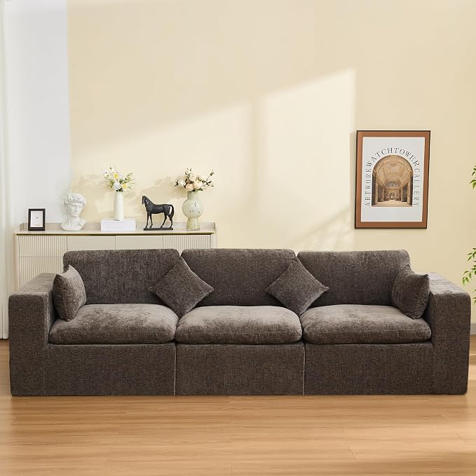 115''Cloud Boneless Sectional Couch, Modular Sectional Sofa Deep Seat, Oversized Upholstered Convertible Comfy 3 Seater Chenille Memory Foam Sofa Couches for Living Room, Brown