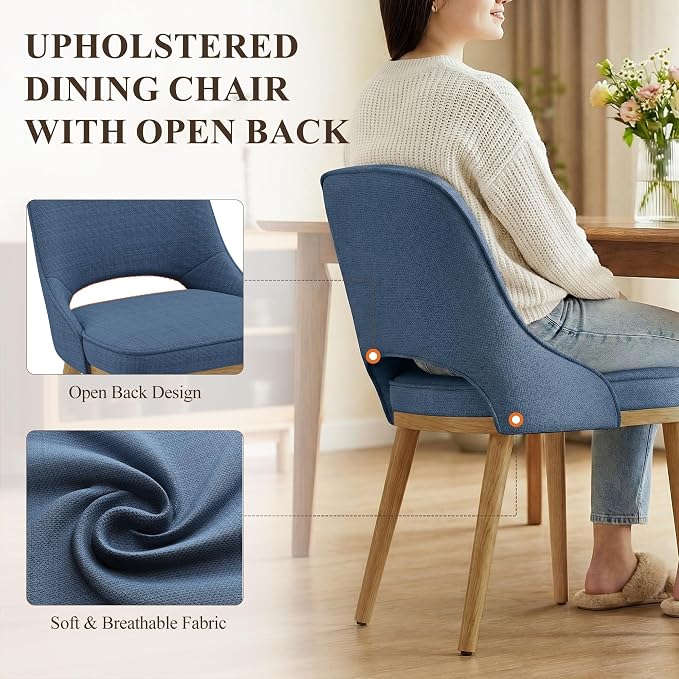 Modern Upholstered Dining Chairs Set of 2, Open Back with Solid Wood Legs, Ergonomic Curved Back Fabric Kitchen Chairs for Dining Room & Kitchen, Living Room Side Chairs, Farmhouse, Blue