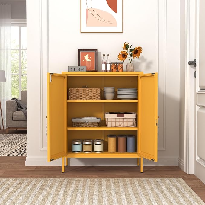 36" H Metal Storage Cabinet with Recessed Door & 2 Adjustable Shelves, Freestanding Metal Sideboard Organizer for Kitchen, Living Room, Entryway, Yellow