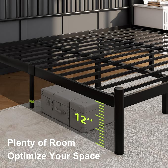 Feonase King Size Bed Frame with Headboard, Heavy-Duty Metal Black Bed Frame with 13 Hardened Steel Slats, 12" Under-Beds Storage, Noise-Free, Easy Assembly