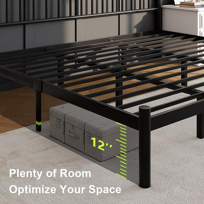 Feonase King Size Bed Frame with Headboard, Heavy-Duty Metal Black Bed Frame with 13 Hardened Steel Slats, 12" Under-Beds Storage, Noise-Free, Easy Assembly