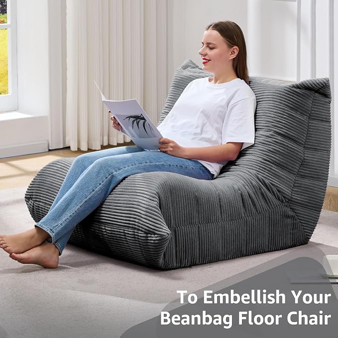 Hobestluk Adults Bean Bag Chair Faux Fur BeanBag Couch for Living Room | Grey Corduroy,Ergonomic Design,Memory Foam,UltraSoft,Anti-slip Bottom,No Assembly Required,Decorative Style for Living Room